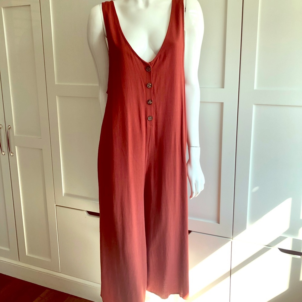 Brick rust orange red sleeveless deep v jumpsuit
